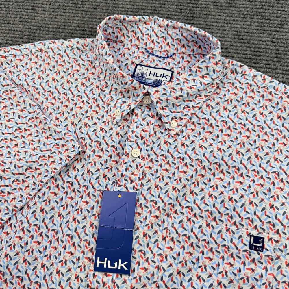 Huk Kona Printed Button Down Shirt Men's XL Lure AOP Red White Blue UPF 30+ NWT